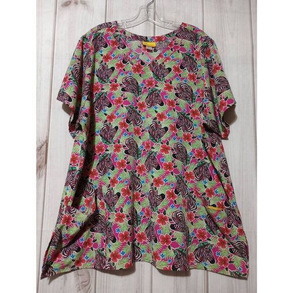 Wonder Wink Scrub Top Ladies 3x‎ Pink Zebra V-Neck Soft - Picture 1 of 7
